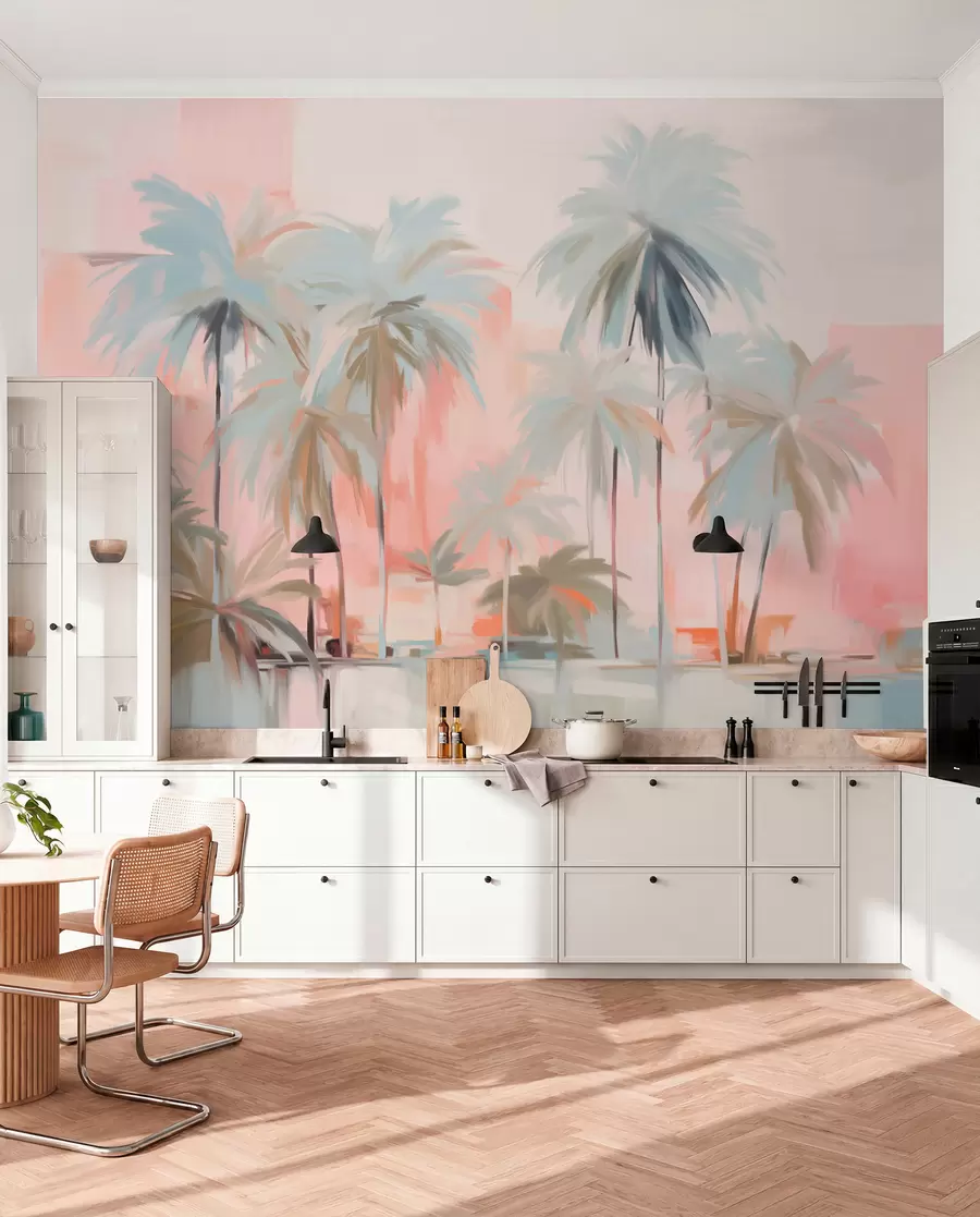 carta da parati Palme tropicali minimaliste astratte e pastello, su uno sfondo di tonalità rosa e pesca nr. w09212