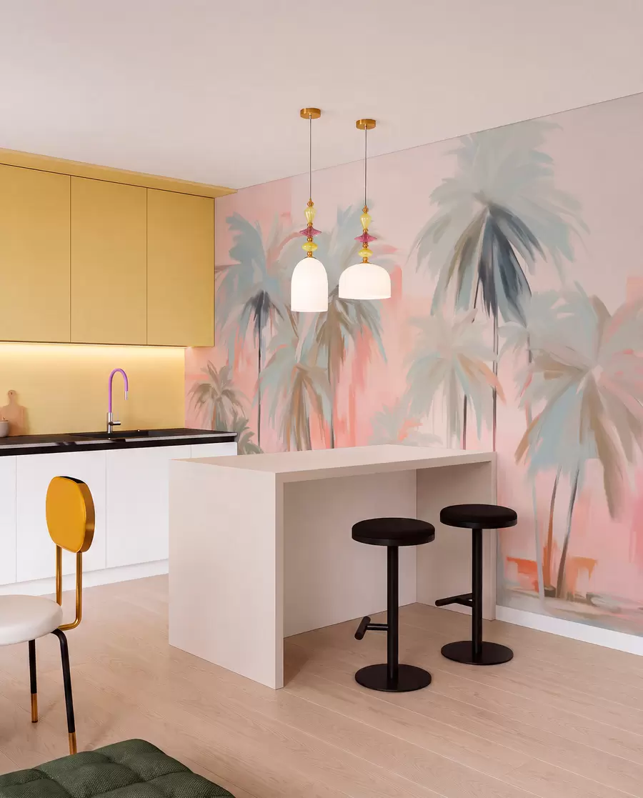 carta da parati Palme tropicali minimaliste astratte e pastello, su uno sfondo di tonalità rosa e pesca nr. w09212