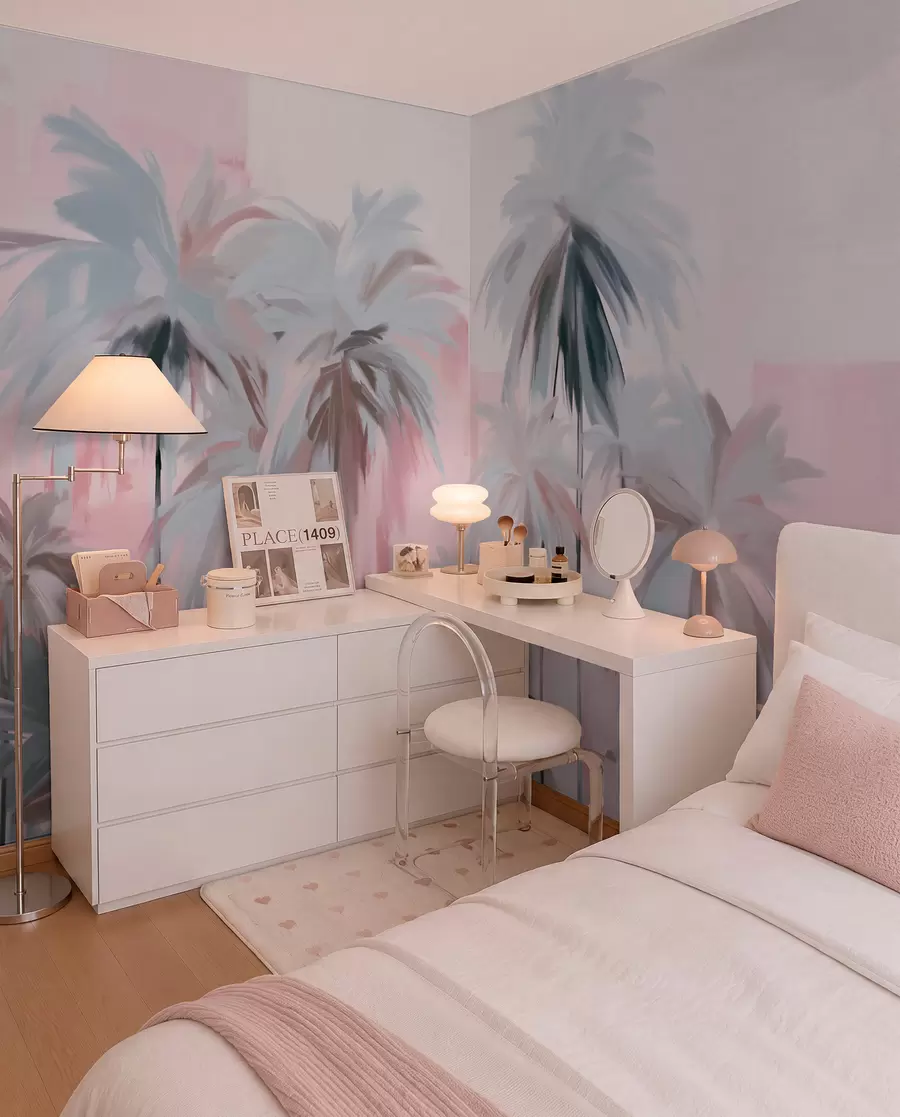Carta da parati nature Palme tropicali astratte minimaliste e pastello, su uno sfondo di tonalità tenui di rosa e grigio 