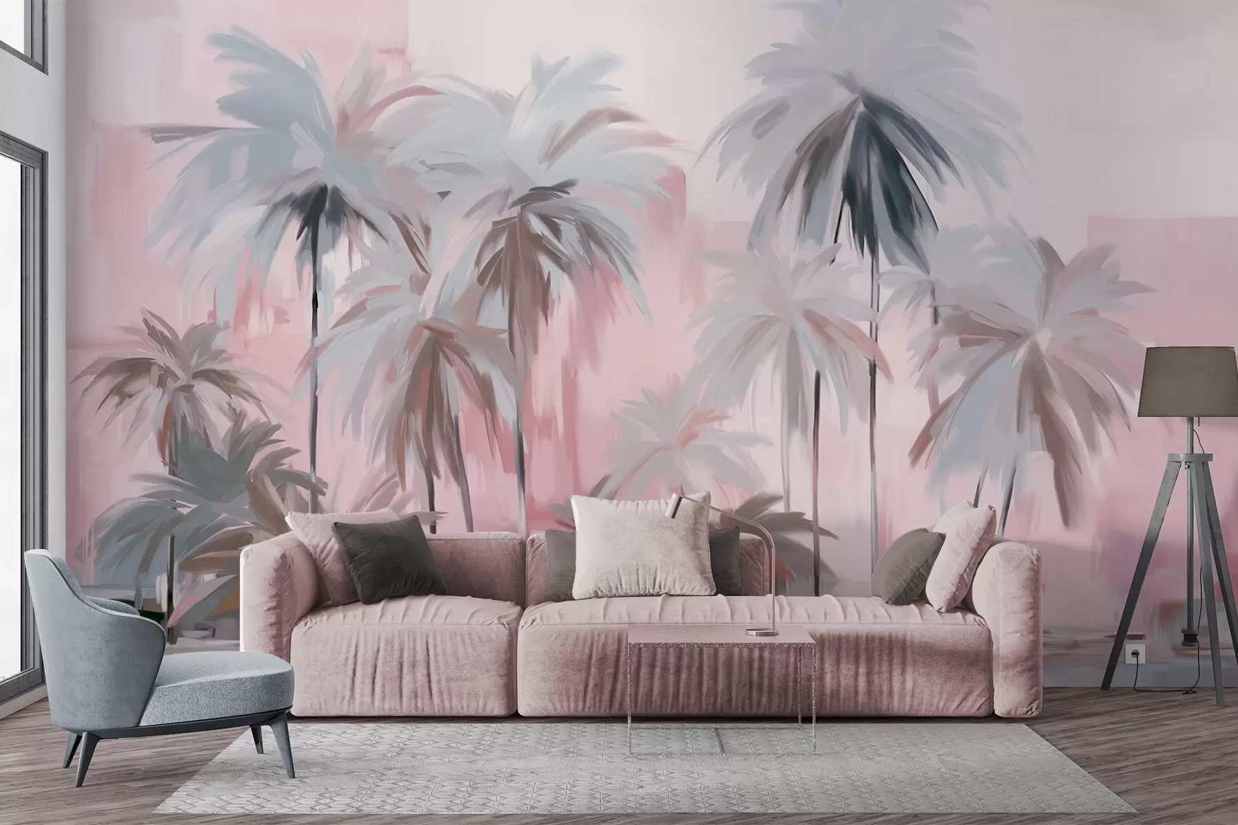 Carta da parati nature Palme tropicali astratte minimaliste e pastello, su uno sfondo di tonalità tenui di rosa e grigio 
