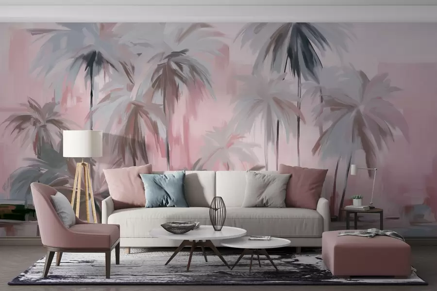 Carta da parati nature Palme tropicali astratte minimaliste e pastello, su uno sfondo di tonalità tenui di rosa e grigio 