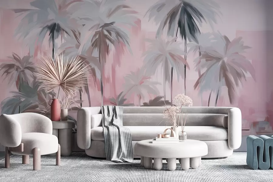 Carta da parati nature Palme tropicali astratte minimaliste e pastello, su uno sfondo di tonalità tenui di rosa e grigio 