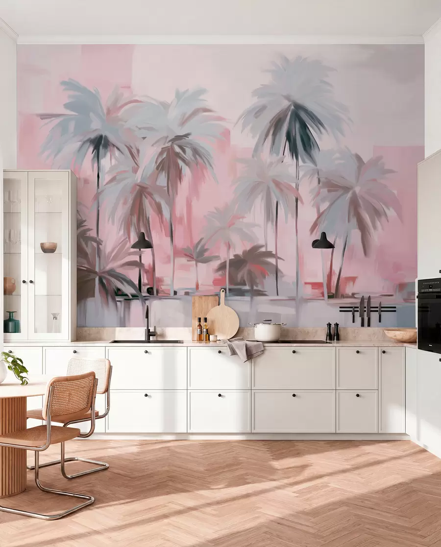 Carta da parati nature Palme tropicali astratte minimaliste e pastello, su uno sfondo di tonalità tenui di rosa e grigio 