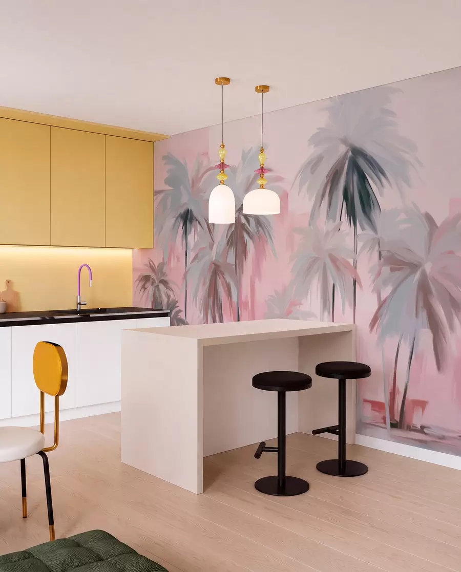 Carta da parati nature Palme tropicali astratte minimaliste e pastello, su uno sfondo di tonalità tenui di rosa e grigio 