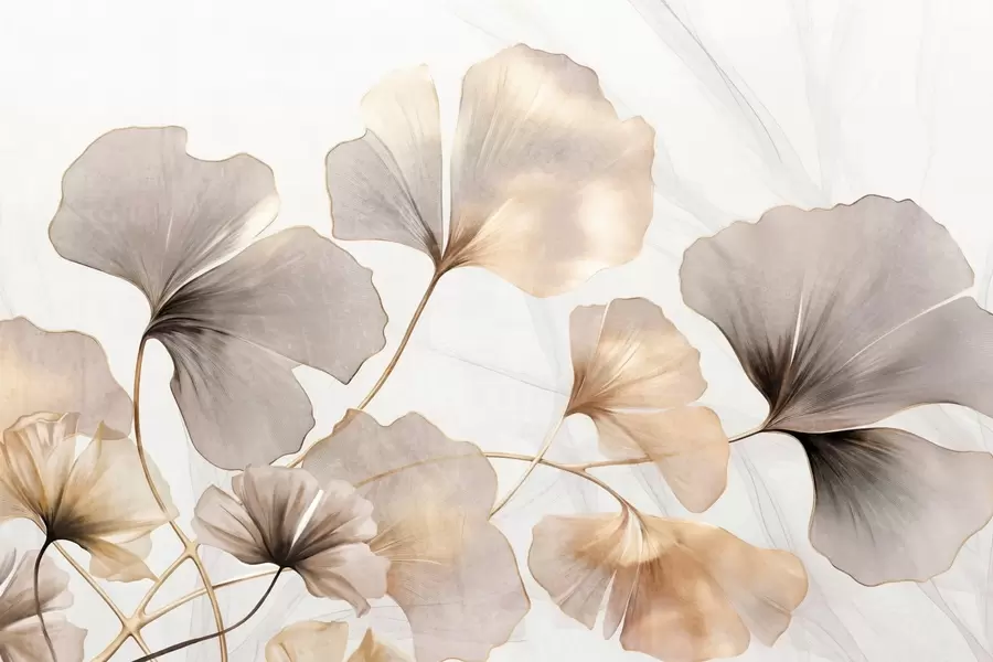 Carta da parati nature Foglie di Ginkgo biloba nei toni del beige, del giallo e del marrone, delicato effetto acquerello, sfondo chiaro 