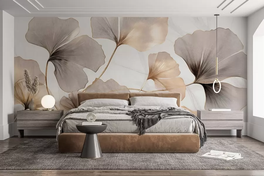 Carta da parati nature Foglie di Ginkgo biloba nei toni del beige, del giallo e del marrone, delicato effetto acquerello, sfondo chiaro 