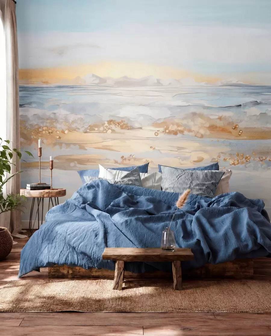 carta da parati Paesaggio astratto strutturato onde dell'oceano che si infrangono su una spiaggia sabbiosa, colori pastello morbidi, cielo blu con nuvole leggere nr. w09234