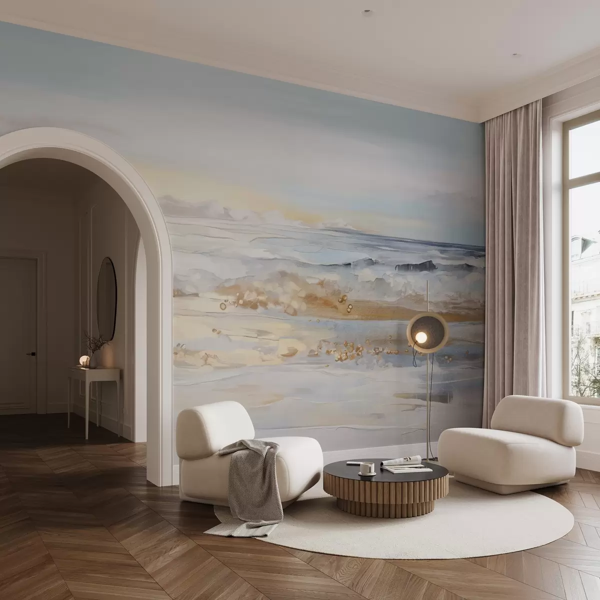 carta da parati Paesaggio astratto strutturato onde dell'oceano che si infrangono su una spiaggia sabbiosa, colori pastello morbidi, cielo blu con nuvole leggere nr. w09234