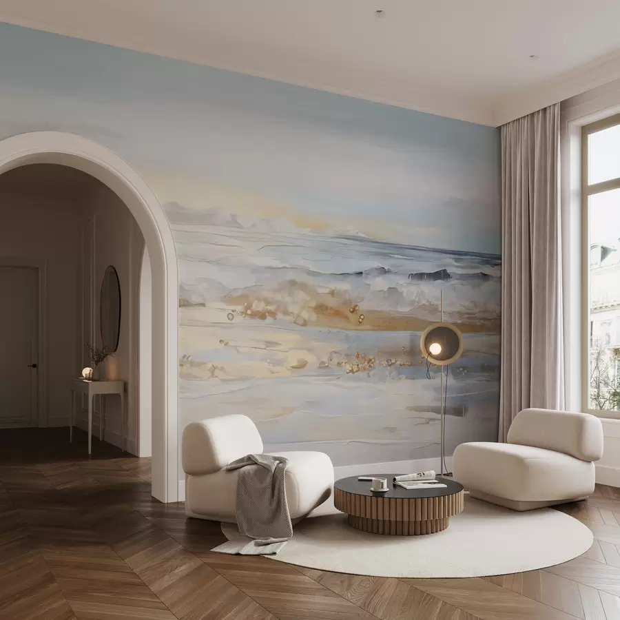 carta da parati Paesaggio astratto strutturato onde dell'oceano che si infrangono su una spiaggia sabbiosa, colori pastello morbidi, cielo blu con nuvole leggere nr. w09234