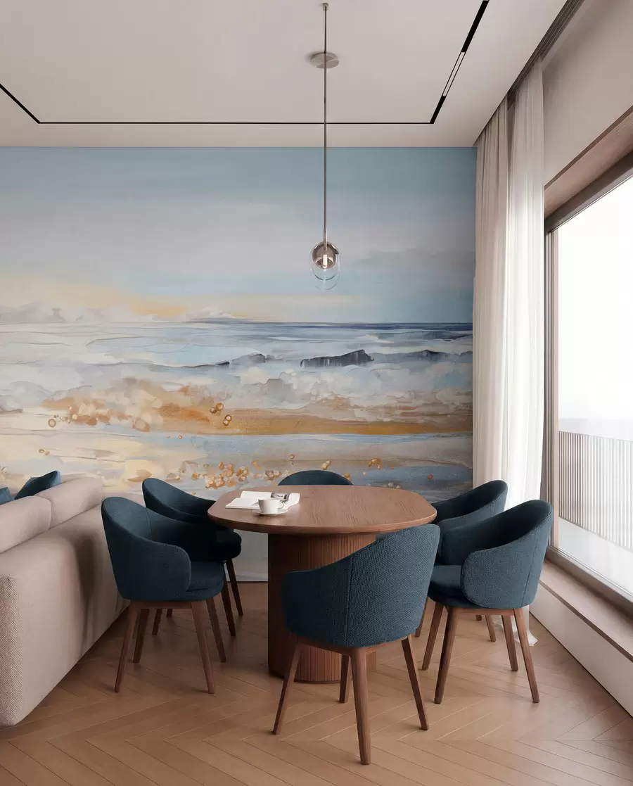 carta da parati Paesaggio astratto strutturato onde dell'oceano che si infrangono su una spiaggia sabbiosa, colori pastello morbidi, cielo blu con nuvole leggere nr. w09234