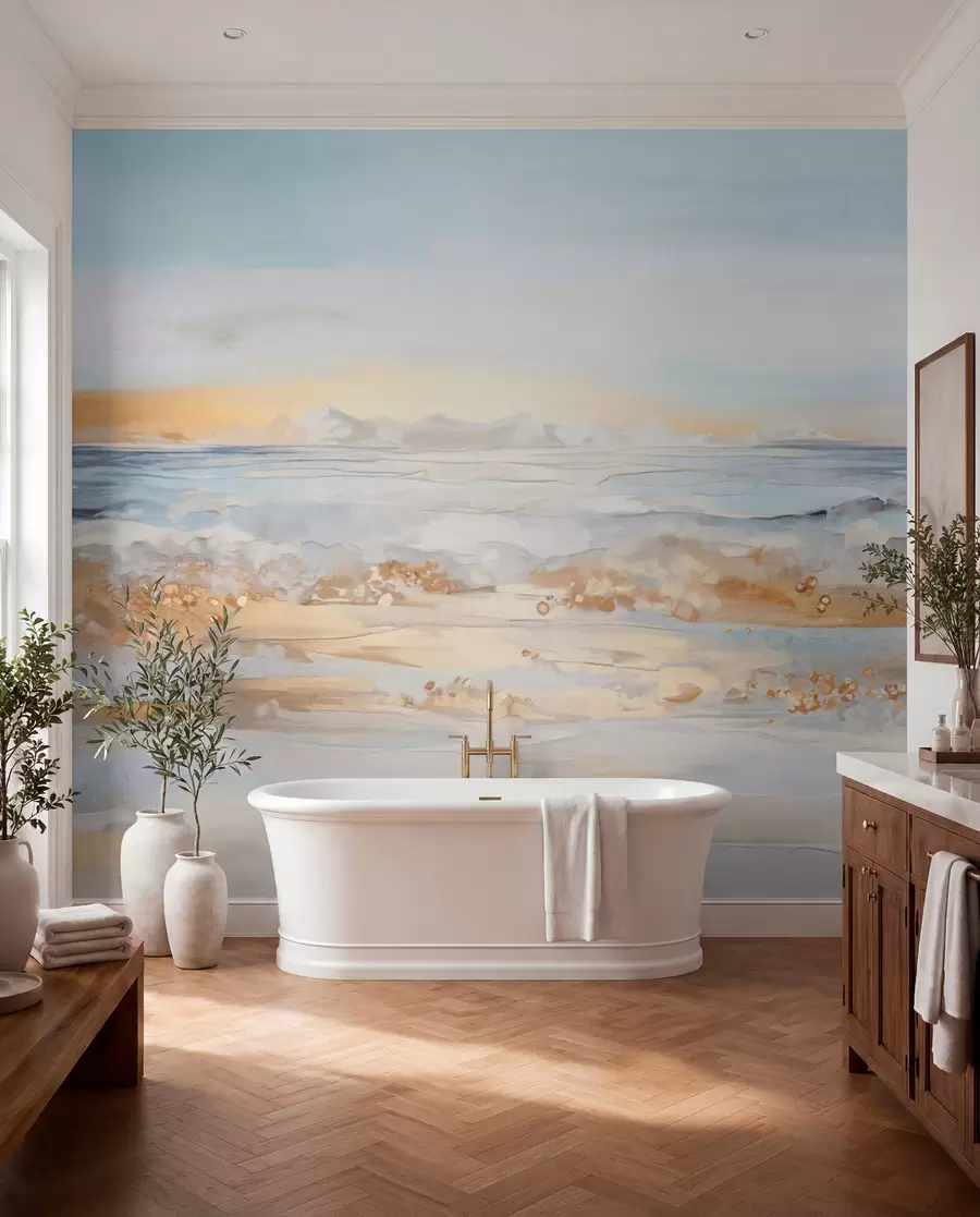 carta da parati Paesaggio astratto strutturato onde dell'oceano che si infrangono su una spiaggia sabbiosa, colori pastello morbidi, cielo blu con nuvole leggere nr. w09234