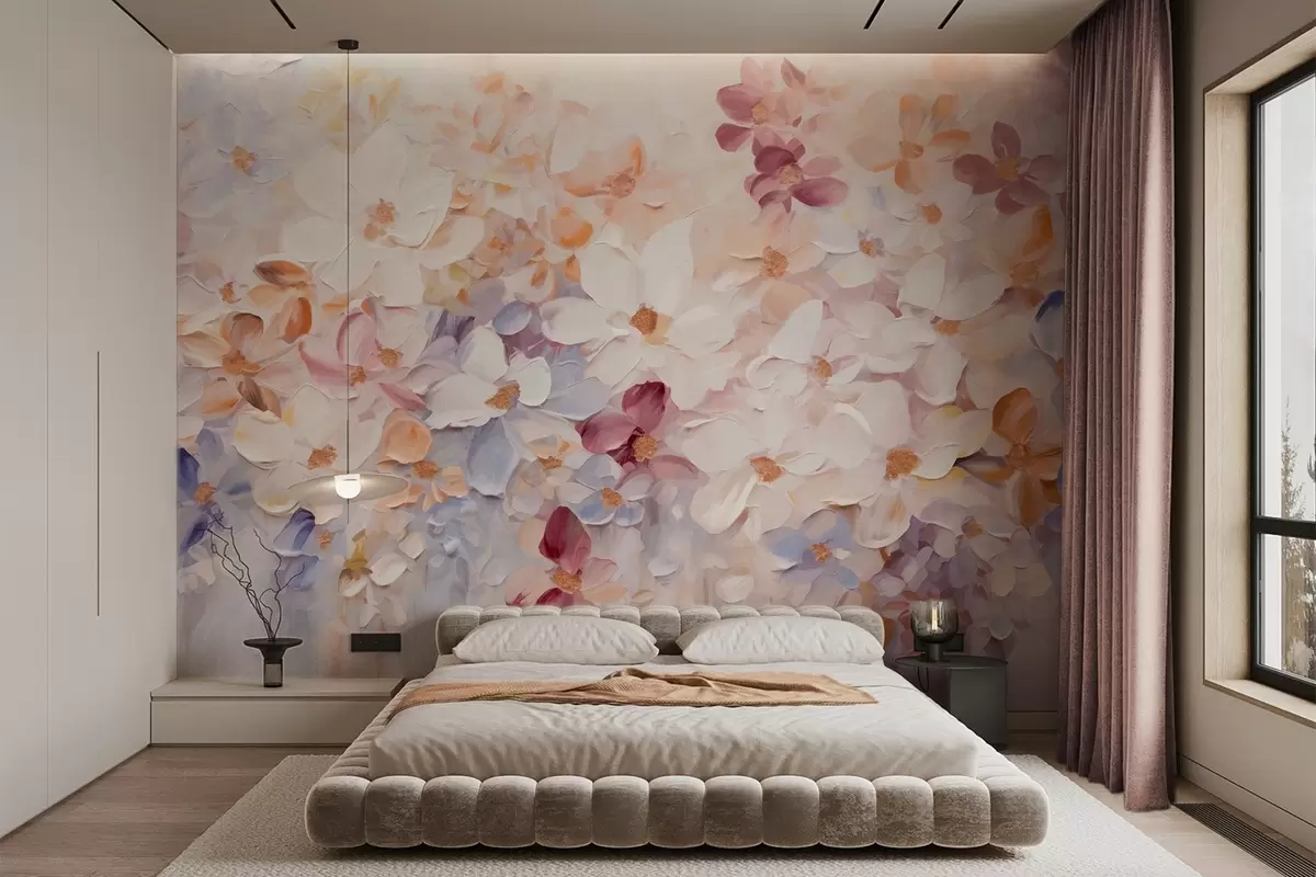 carta da parati Pittura a olio che imita un giardino fiorito con fiori bianchi, rosa e arancioni, pennellate morbide, colori pastello tenui nr. w09236