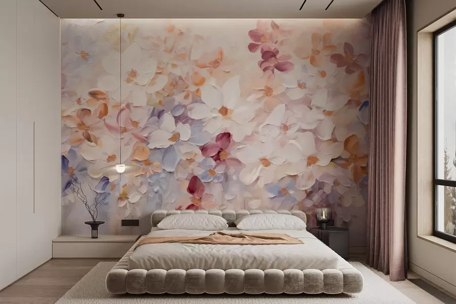 Carta da parati Floreale Pittura a olio che imita un giardino fiorito con fiori bianchi, rosa e arancioni, pennellate morbide, colori pastello tenui n. w09236