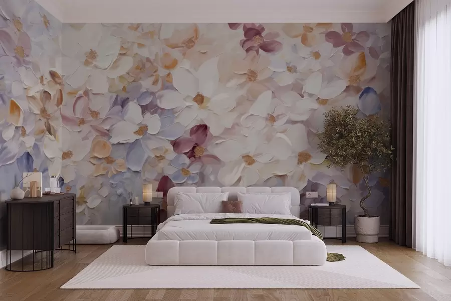 Carta da parati Floreale Pittura a olio che imita un giardino fiorito con fiori bianchi, rosa e arancioni, pennellate morbide, colori pastello tenui n. w09236