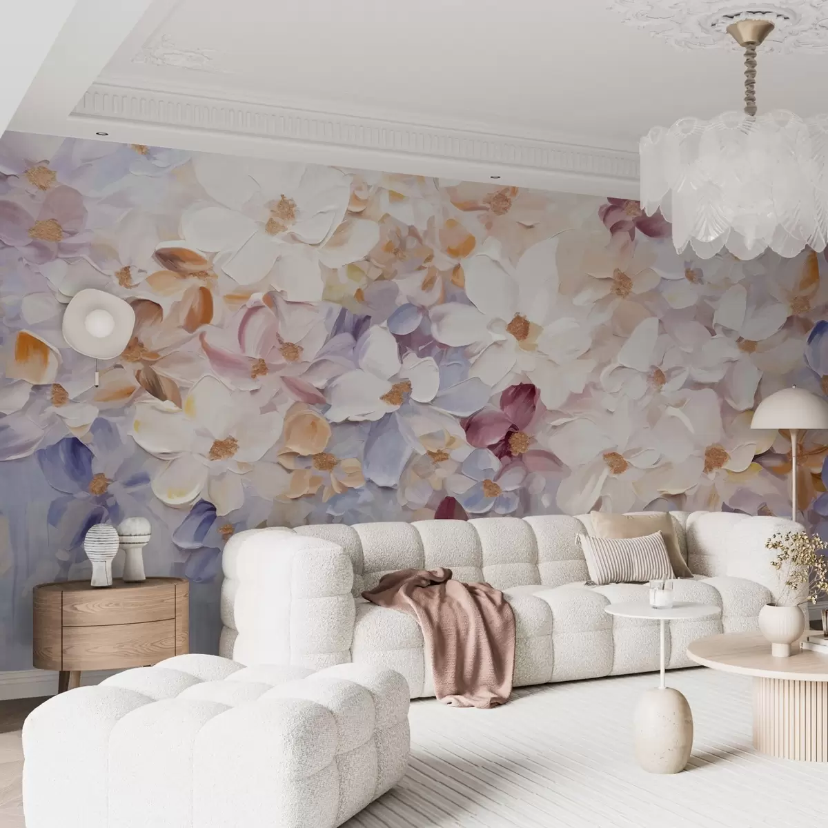 carta da parati Pittura a olio che imita un giardino fiorito con fiori bianchi, rosa e arancioni, pennellate morbide, colori pastello tenui nr. w09236