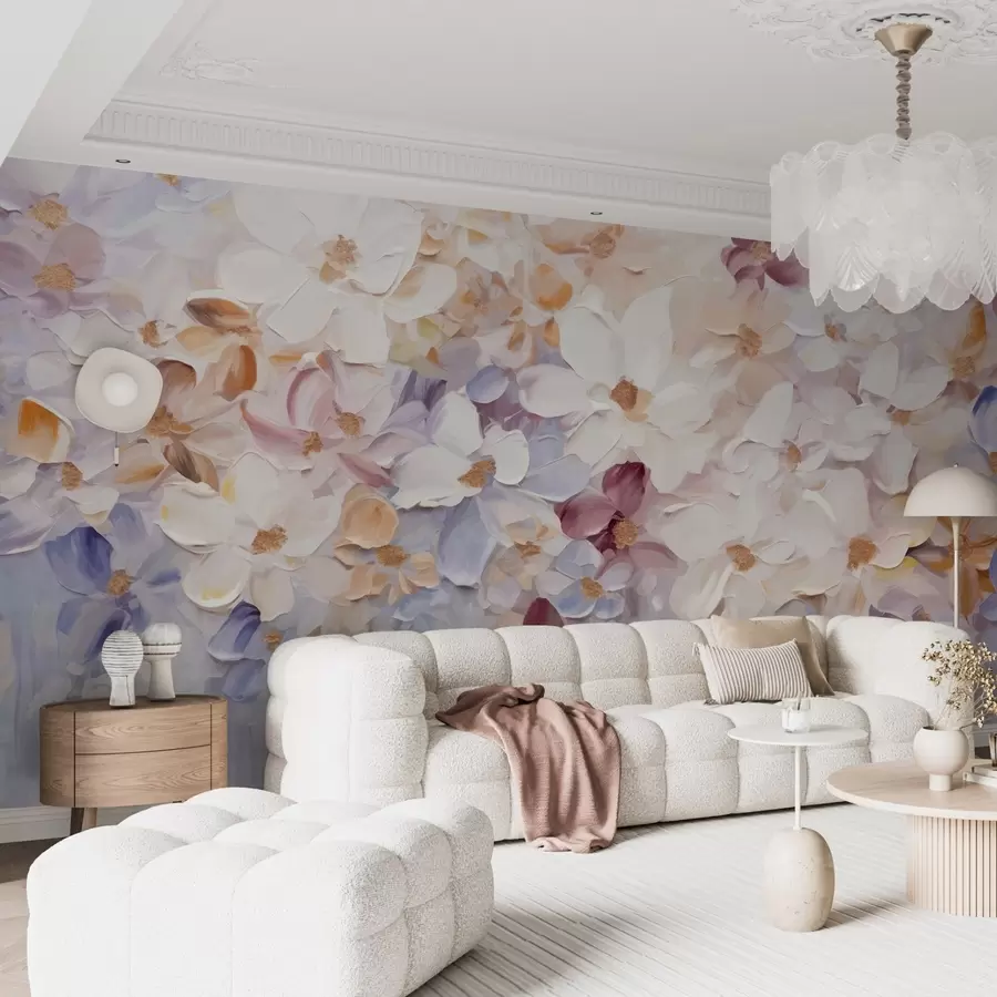 Carta da parati Floreale Pittura a olio che imita un giardino fiorito con fiori bianchi, rosa e arancioni, pennellate morbide, colori pastello tenui n. w09236