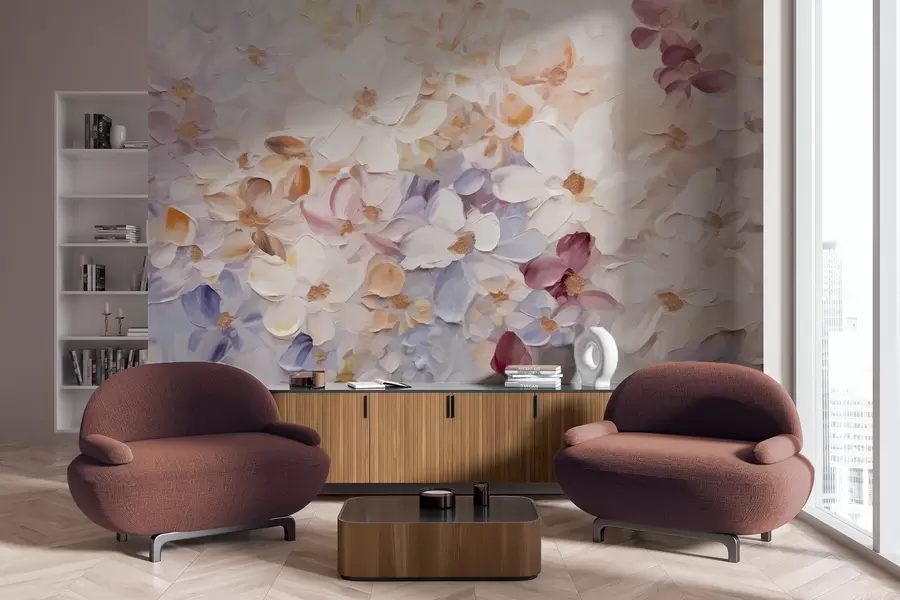 Carta da parati Floreale Pittura a olio che imita un giardino fiorito con fiori bianchi, rosa e arancioni, pennellate morbide, colori pastello tenui n. w09236