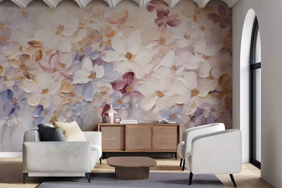 Carta da parati Floreale Pittura a olio che imita un giardino fiorito con fiori bianchi, rosa e arancioni, pennellate morbide, colori pastello tenui n. w09236