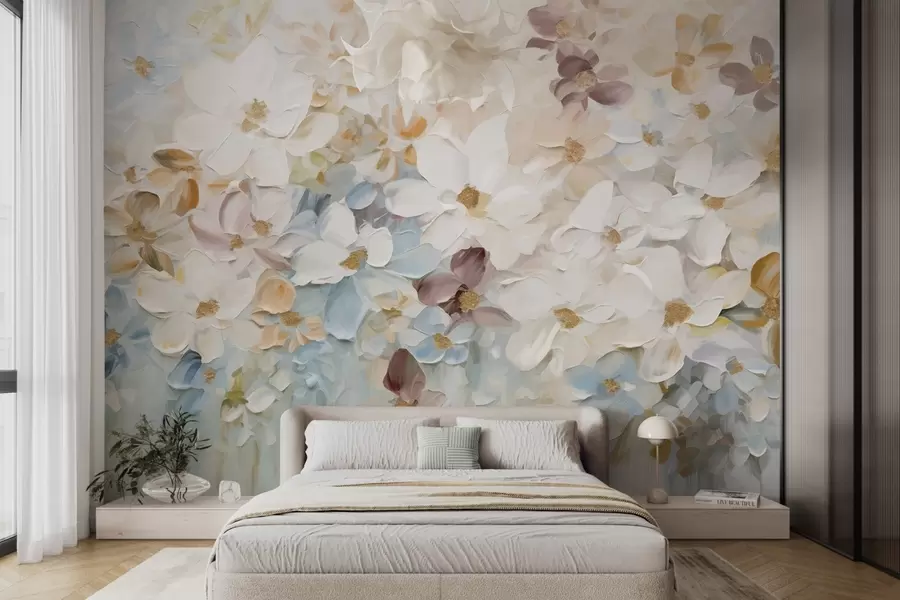 Carta da parati Floreale Pittura a olio che imita un giardino fiorito con fiori bianchi, blu e arancioni, pennellate morbide, colori pastello smorzati n. w09236v1