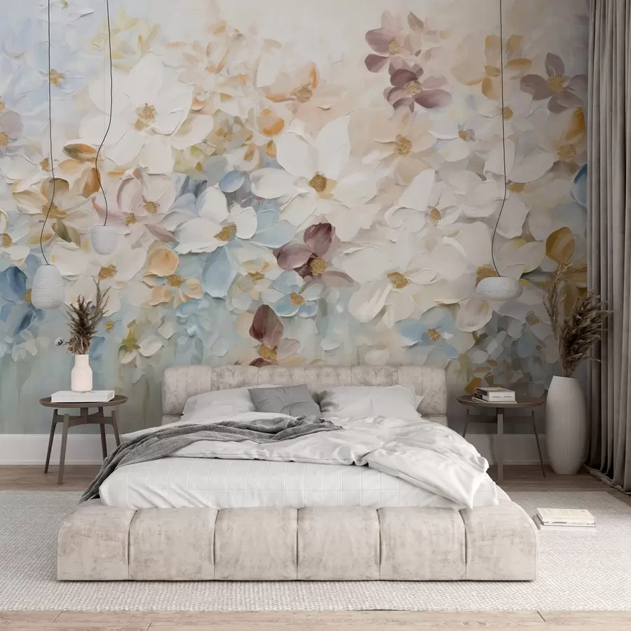 Carta da parati Floreale Pittura a olio che imita un giardino fiorito con fiori bianchi, blu e arancioni, pennellate morbide, colori pastello smorzati n. w09236v1