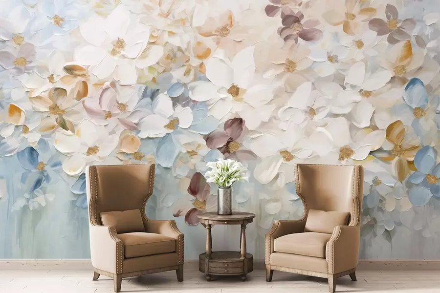 Carta da parati Floreale Pittura a olio che imita un giardino fiorito con fiori bianchi, blu e arancioni, pennellate morbide, colori pastello smorzati n. w09236v1