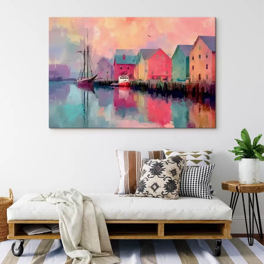 carta da parati Case colorate vicino all'acqua in stile pennellata nr. s44837