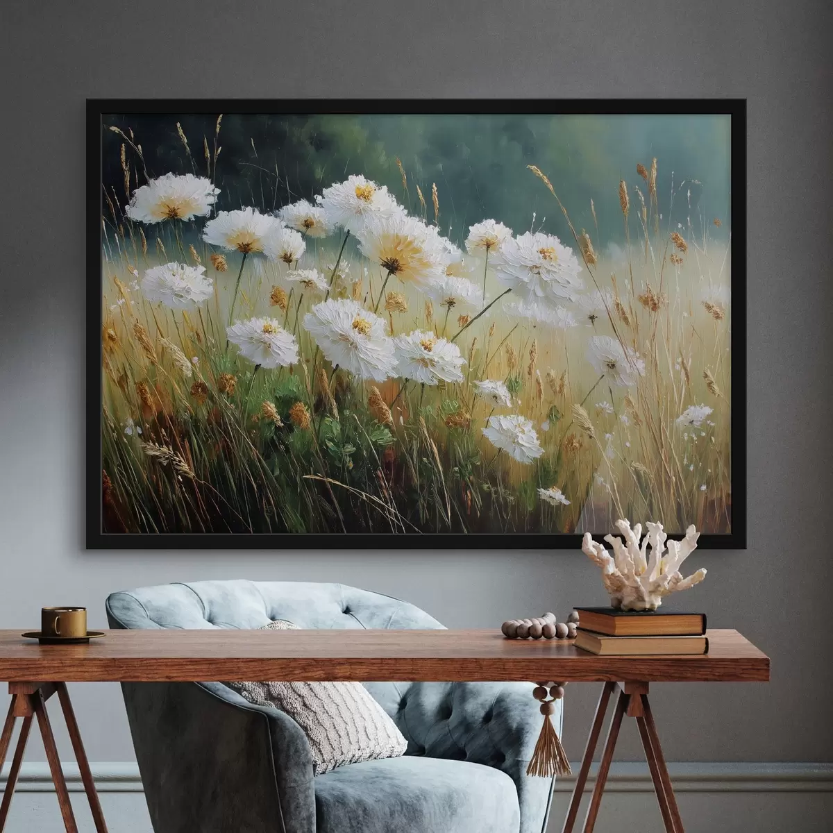 Poster Fiori bianchi in un prato in stile olio f44842