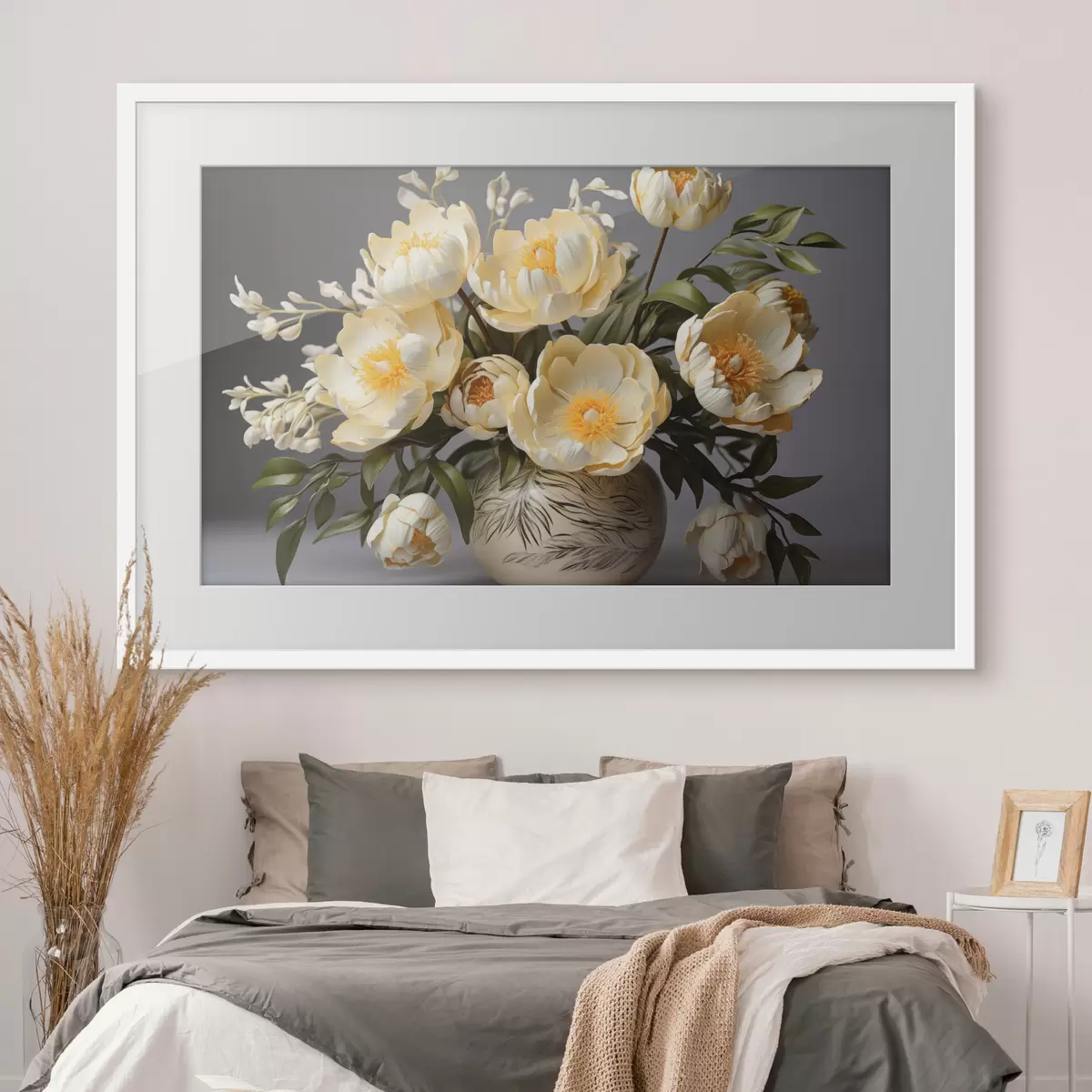 Poster Fiori delicati con centro giallo in un vaso a fantasia f44847