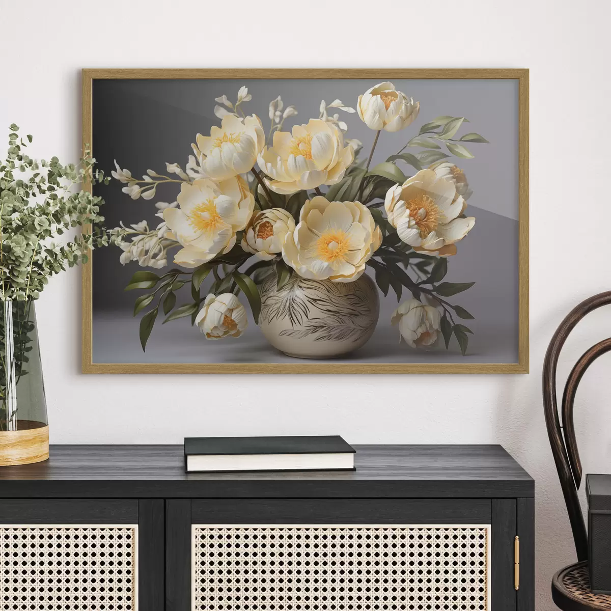 Poster Fiori delicati con centro giallo in un vaso a fantasia f44847