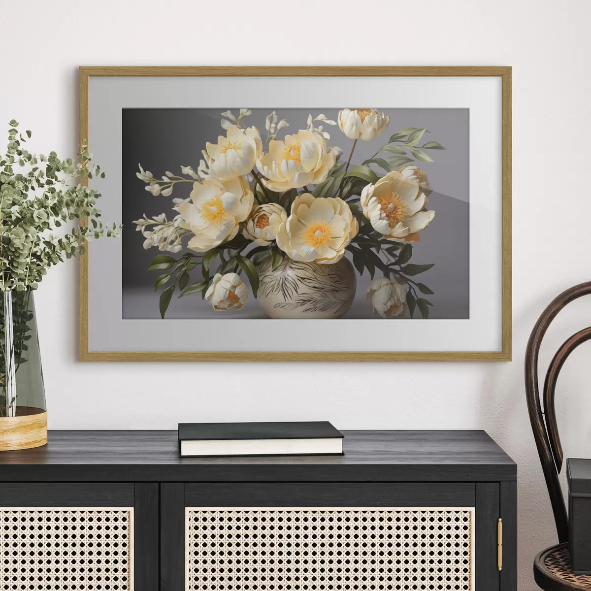 Poster Fiori delicati con centro giallo in un vaso a fantasia f44847
