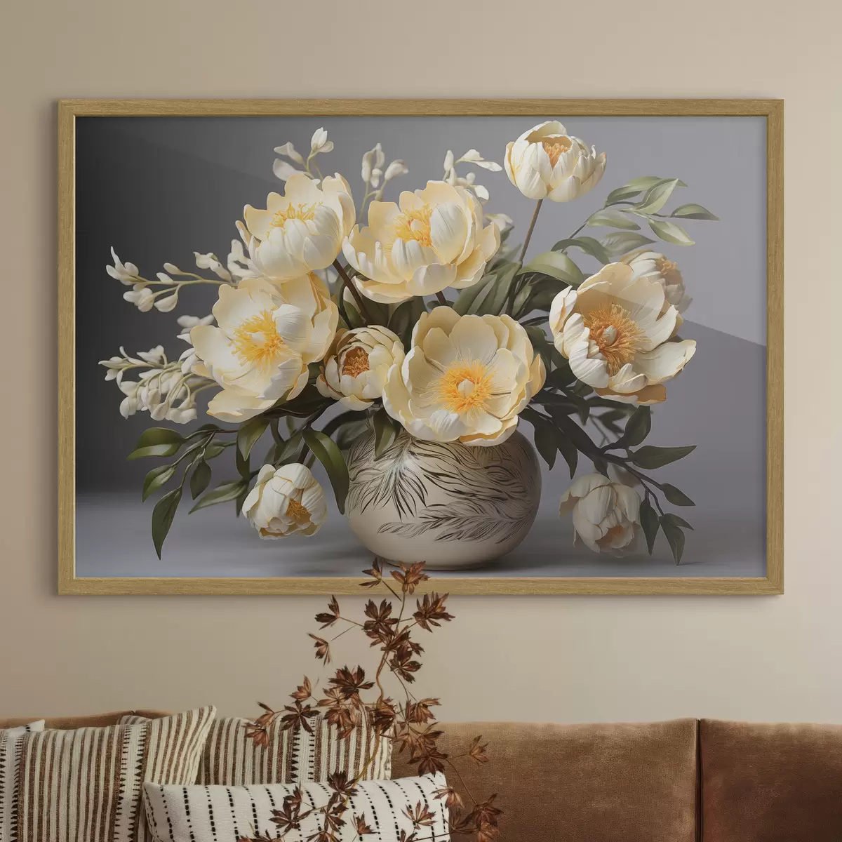 Poster Fiori delicati con centro giallo in un vaso a fantasia f44847