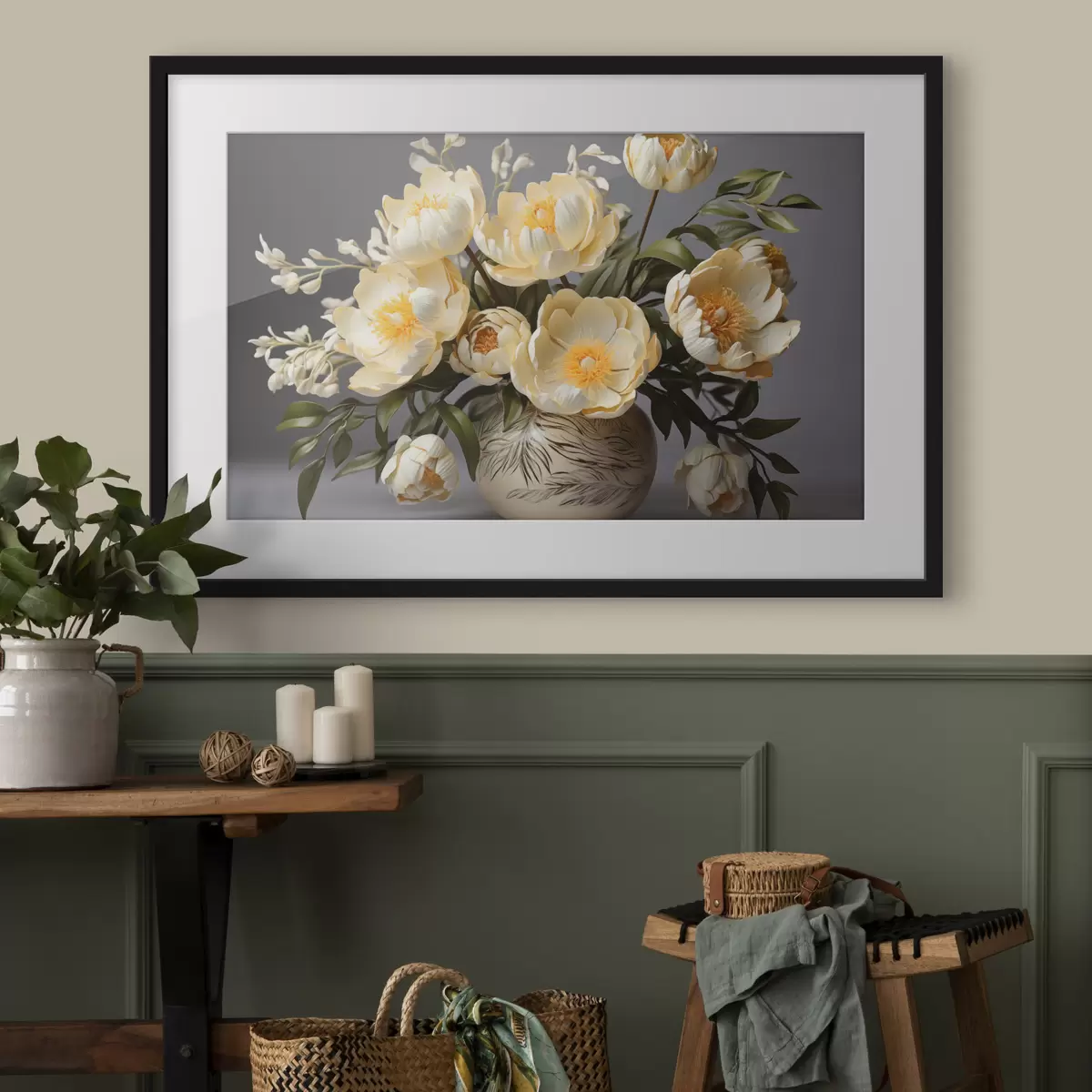 Poster Fiori delicati con centro giallo in un vaso a fantasia f44847