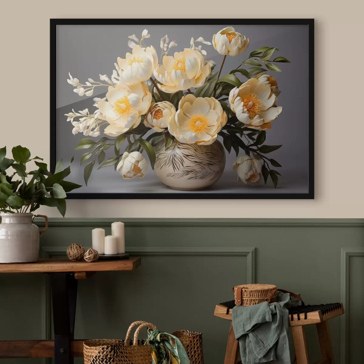 Poster Fiori delicati con centro giallo in un vaso a fantasia f44847