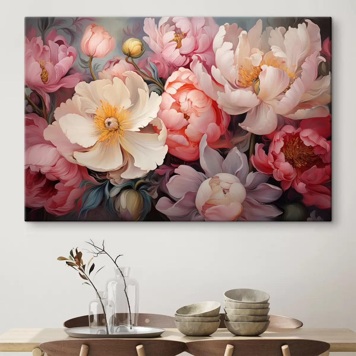 carta da parati Peonie lussureggianti nei toni del rosa in stile pittura ad olio nr. s44936