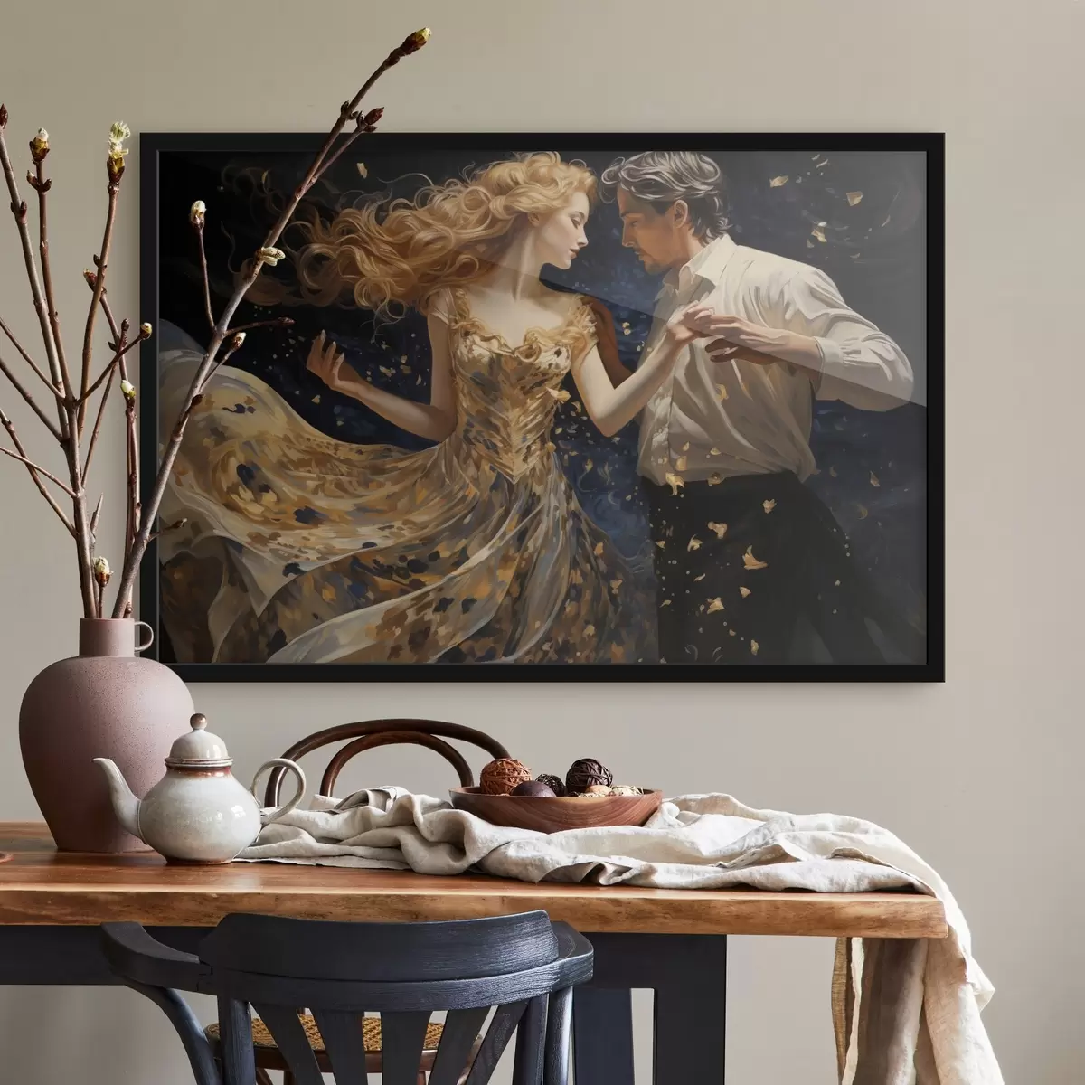 Poster Coppia in movimento nei toni del giallo-blu in stile pittorico f44940