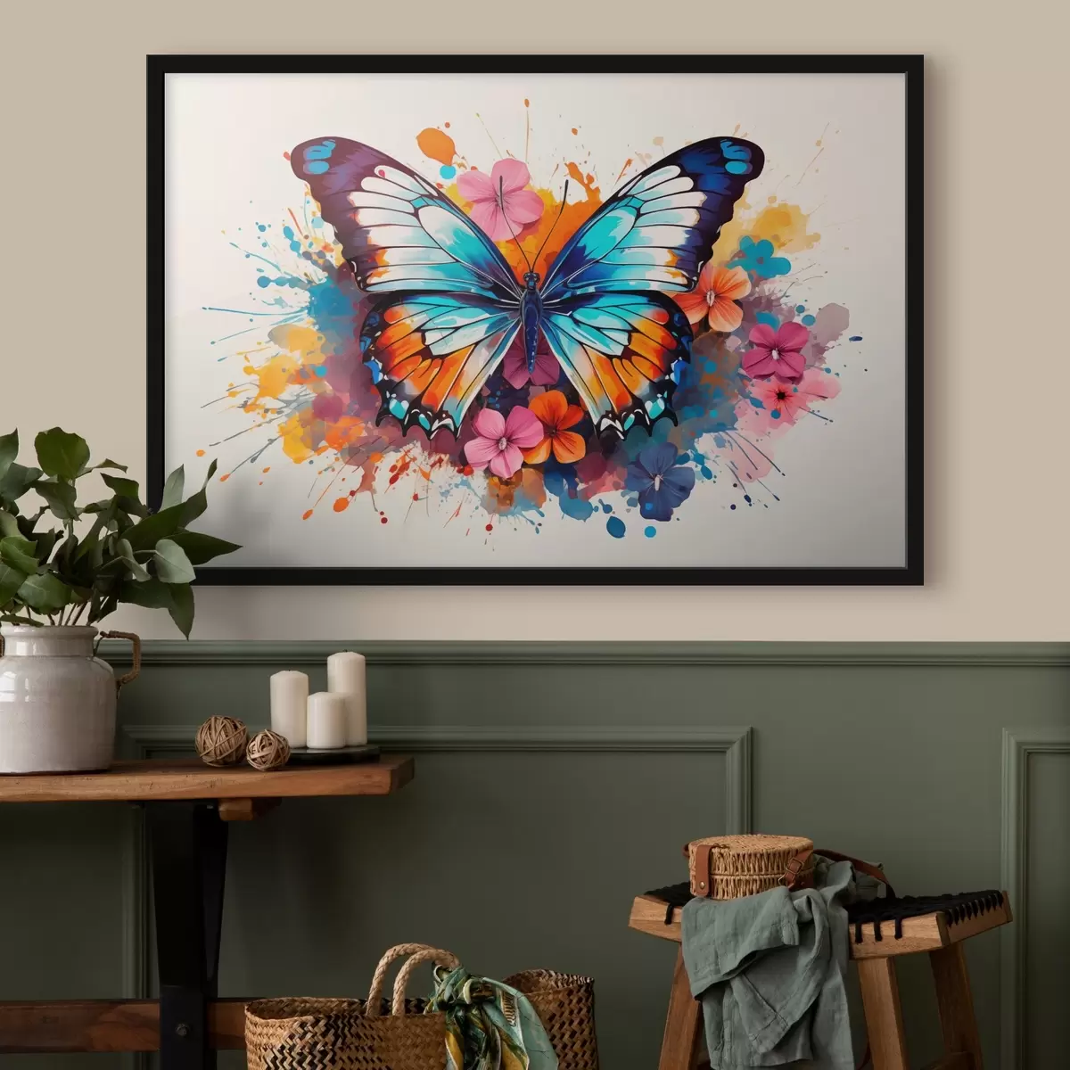 Poster Composizione dinamica di una farfalla e macchie floreali in stile artistico f44943