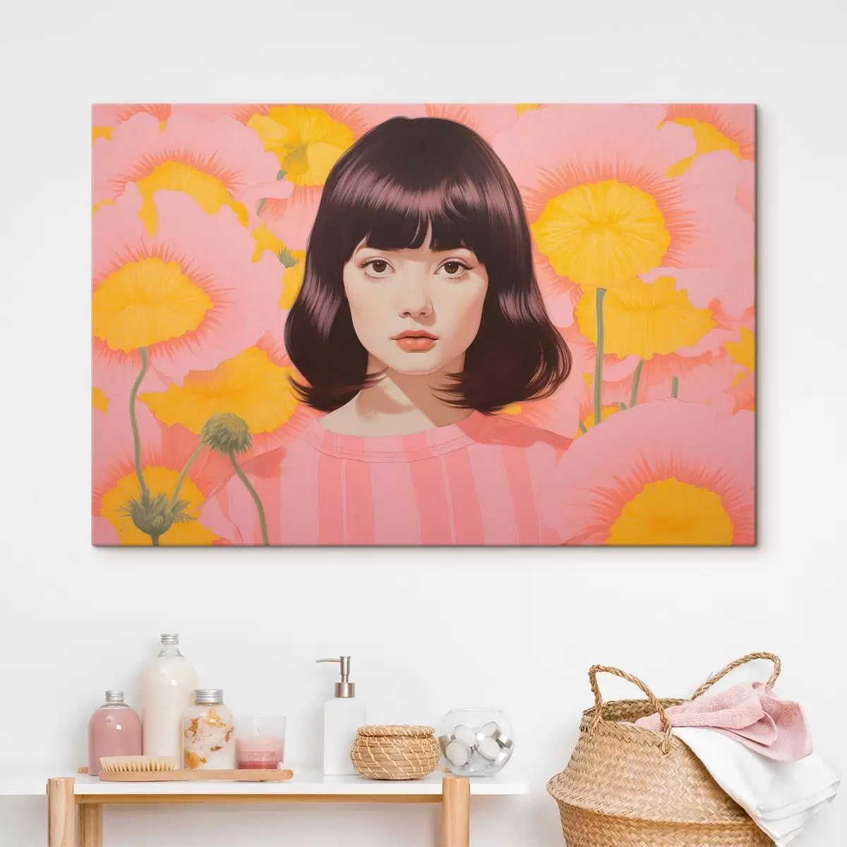 carta da parati Un ritratto decorativo minimalista di ragazza asiatica in un campo di fiori gialli e rosa nr. s44924