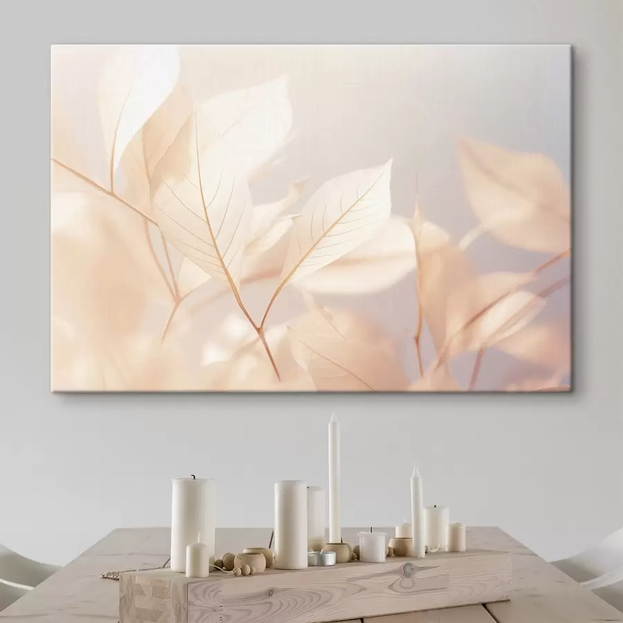 carta da parati Foglie traslucide con intricati motivi di venature, tavolozza di colori pastello tenui, illuminazione eterea, composizione minimalista nr. s44928