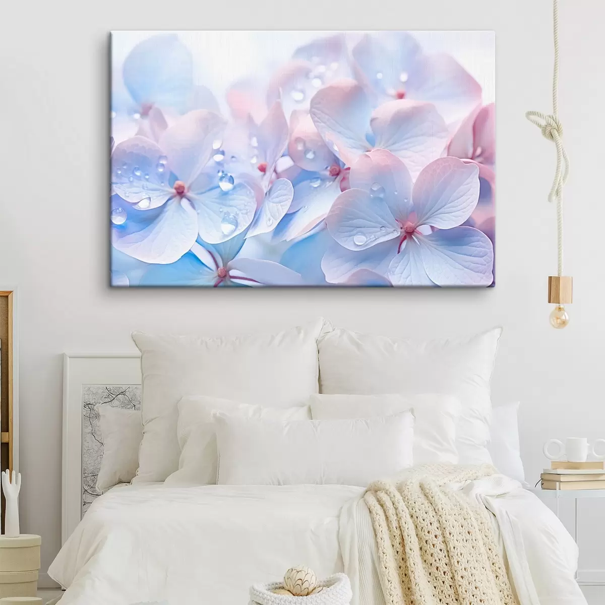 carta da parati Fiori di ortensia con gocce d'acqua sui delicati petali, colori tenui e pastello, azzurro e rosa nr. s44929