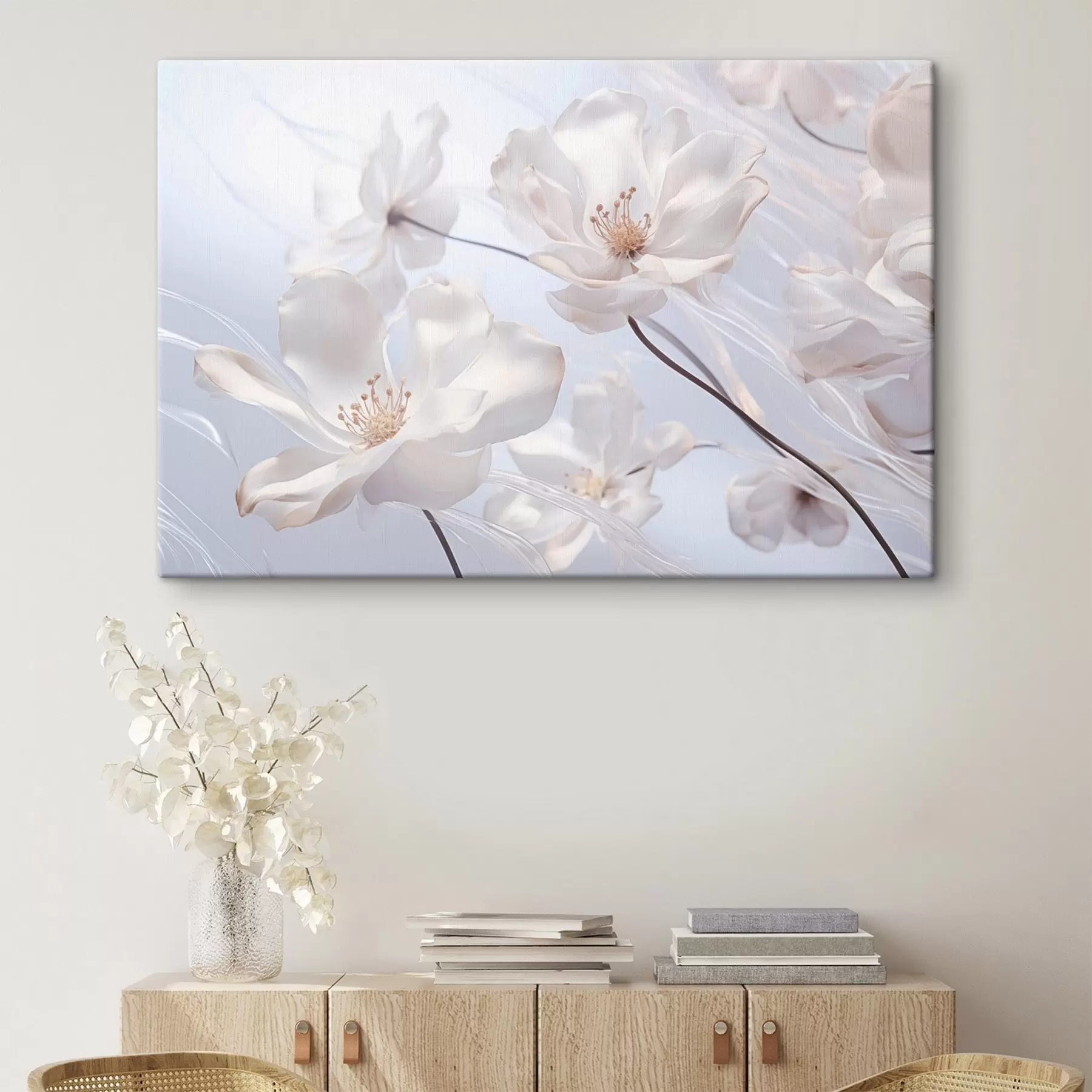 carta da parati Fiori bianchi con petali traslucidi, sfondo azzurro tenue, elegante, romantico, delicato, sognante  nr. s44931