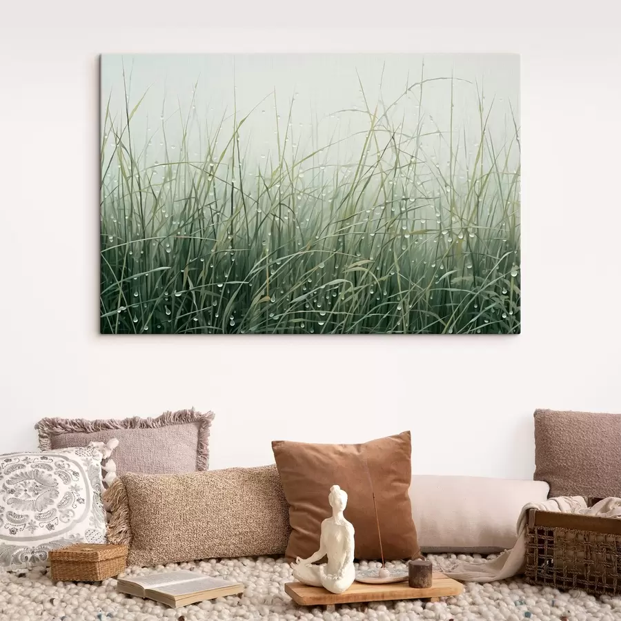 carta da parati Erba con gocce d'acqua, sfumature verdi, luce soffusa, sfondo nebbioso, stile astratto minimalista con texture nr. s44932