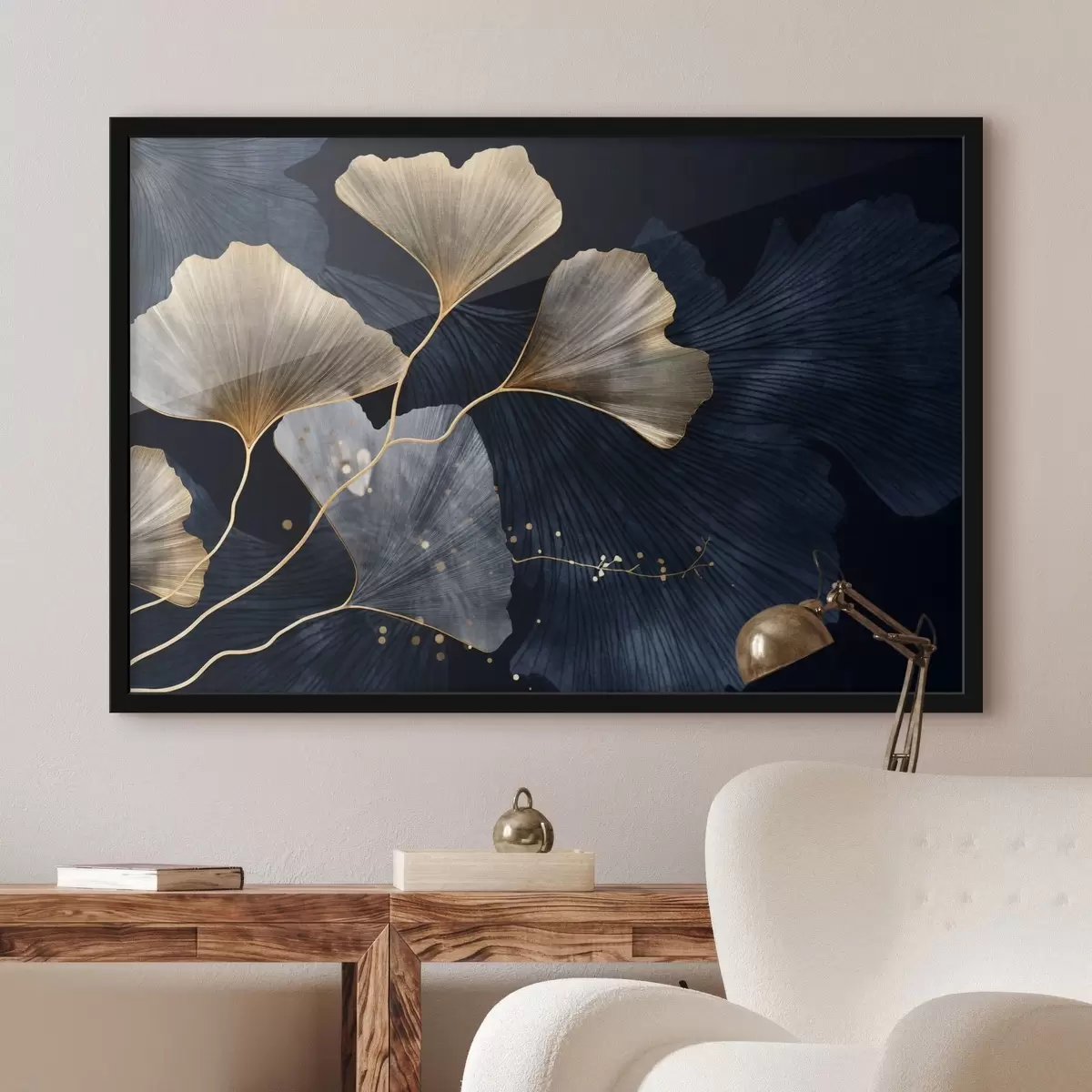 Poster Foglie di ginkgo nei toni del giallo e del blu, elegante sfondo scuro, arte moderna, stile minimalista, ispirato alla natura f44921
