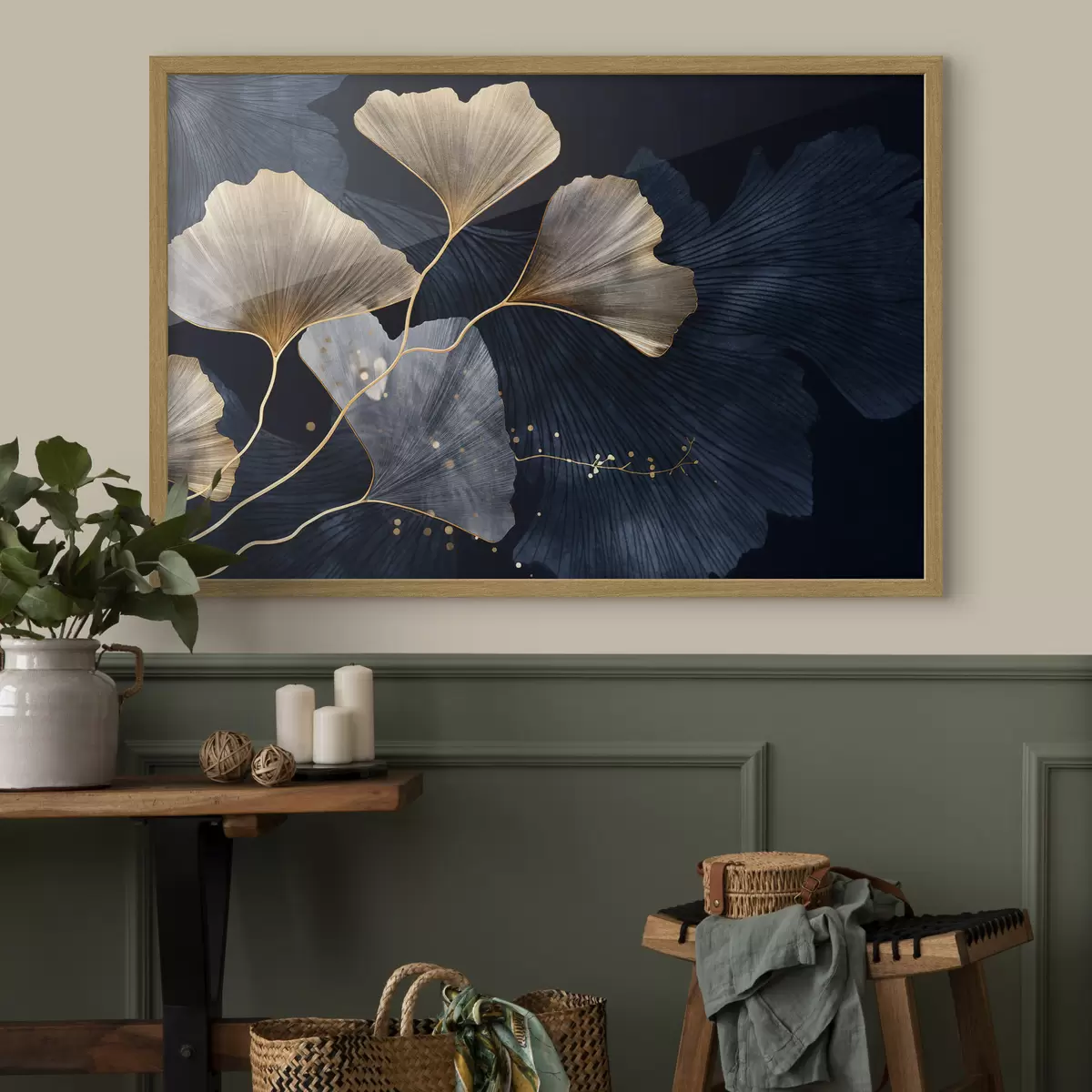 Poster Foglie di ginkgo nei toni del giallo e del blu, elegante sfondo scuro, arte moderna, stile minimalista, ispirato alla natura f44921