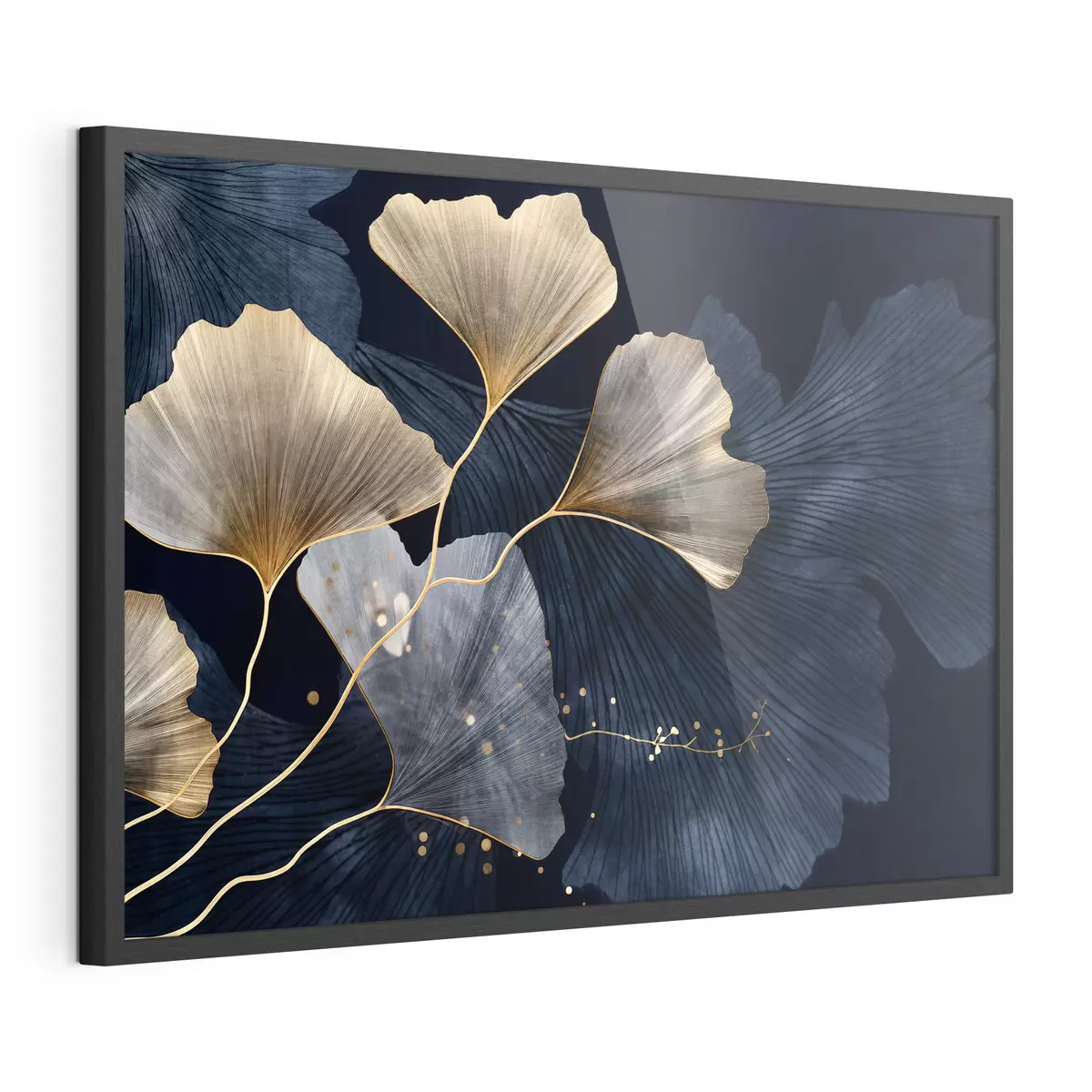 Poster Foglie di ginkgo nei toni del giallo e del blu, elegante sfondo scuro, arte moderna, stile minimalista, ispirato alla natura f44921