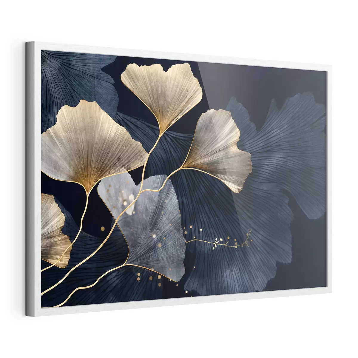 Poster Foglie di ginkgo nei toni del giallo e del blu, elegante sfondo scuro, arte moderna, stile minimalista, ispirato alla natura f44921