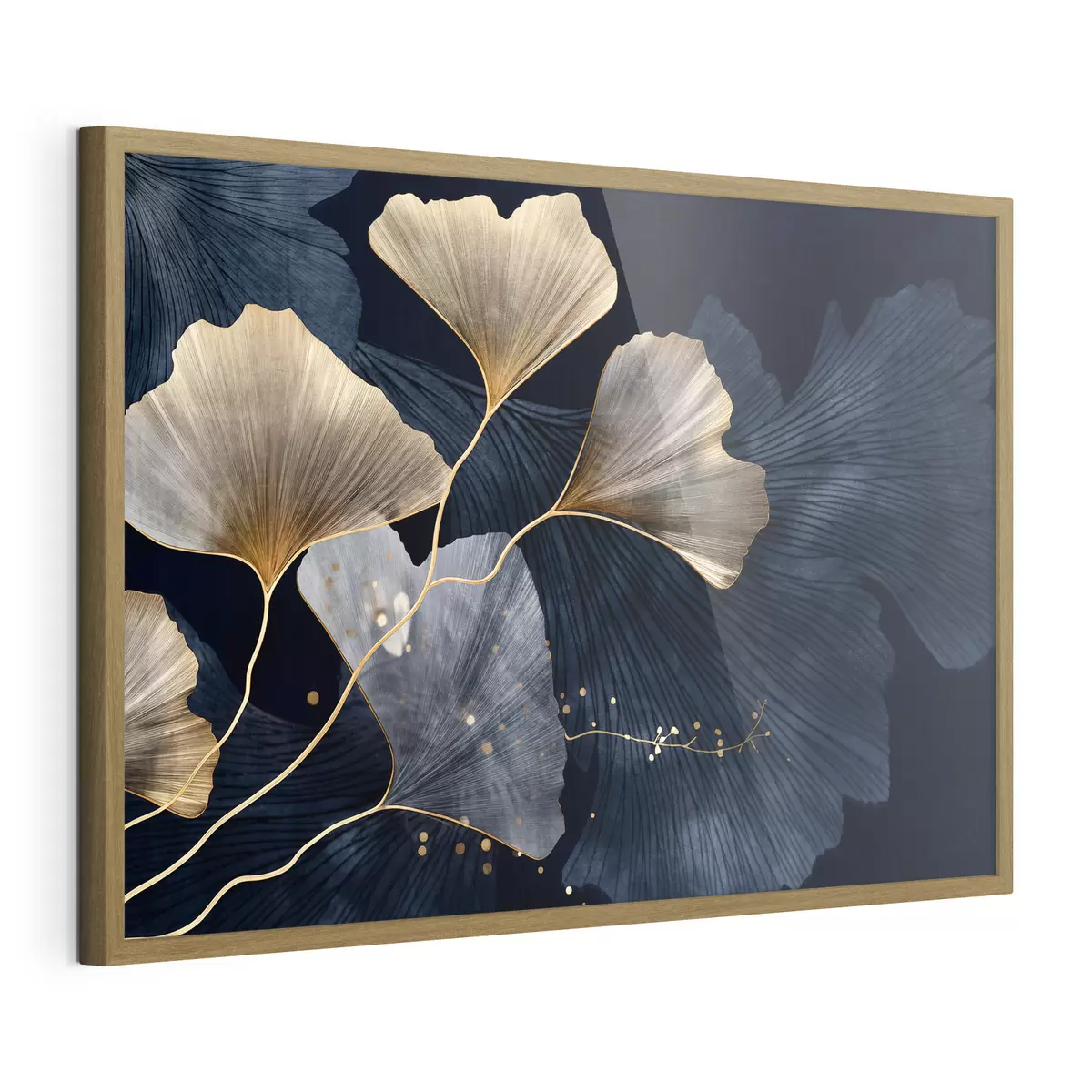 Poster Foglie di ginkgo nei toni del giallo e del blu, elegante sfondo scuro, arte moderna, stile minimalista, ispirato alla natura f44921