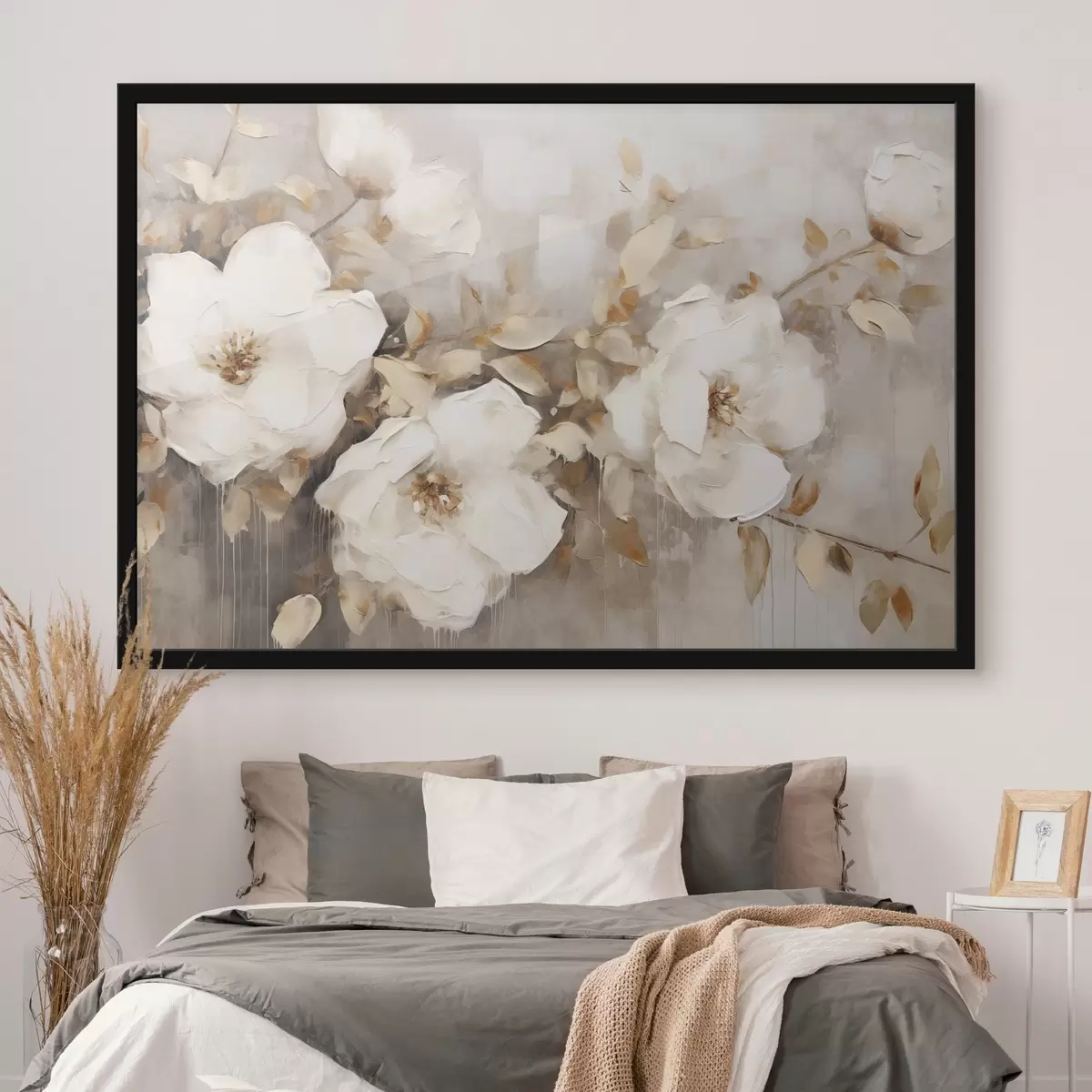 Poster Fiori bianchi con foglie marroni su sfondo beige, imitazione di pittura a olio, composizione floreale, arte botanica f44922