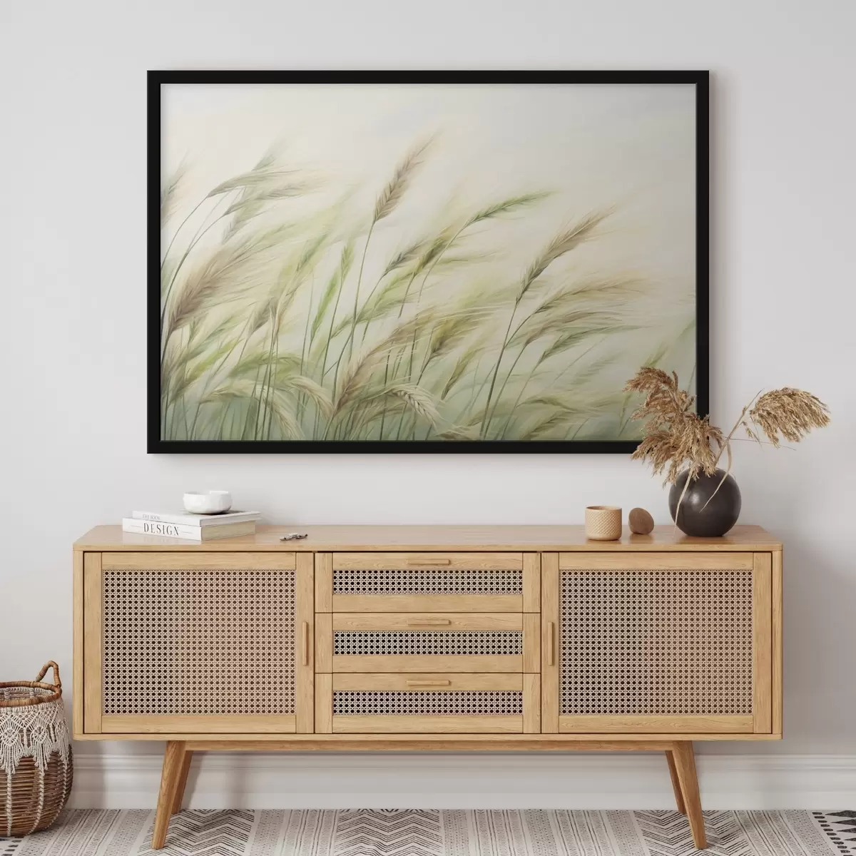 Poster Campo di grano con spighe gialle e verdi, pennellate morbide e una tavolozza di colori chiari, atmosfera naturale f44923