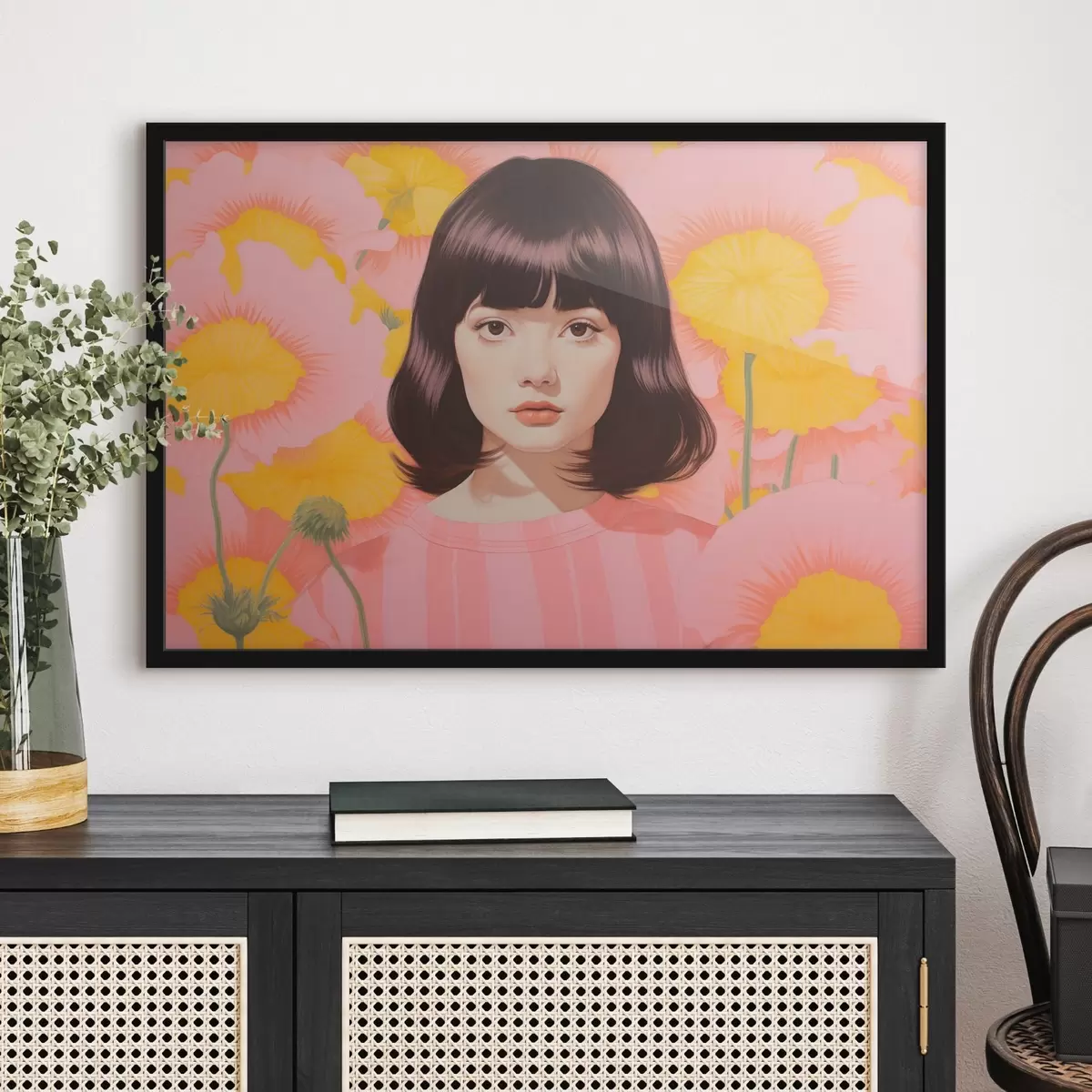 Poster Un ritratto decorativo minimalista di ragazza asiatica in un campo di fiori gialli e rosa f44924