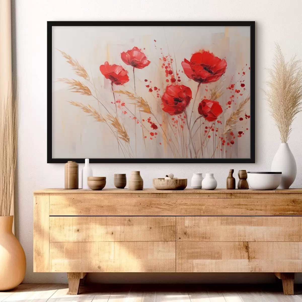 Poster Fiori di papavero rossi con steli di grano gialli, su uno sfondo morbido e neutro con schizzi di vernice rossa f44926